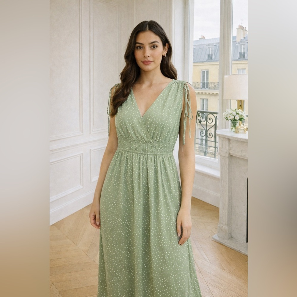 Japna Green Polka Dot V-Neck Midi Dress M Romantic